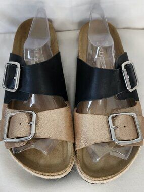 ✨ J/Slides Two-Tone Espadrille Platform Slide Sandals ✨ Black & Gold | Size 8